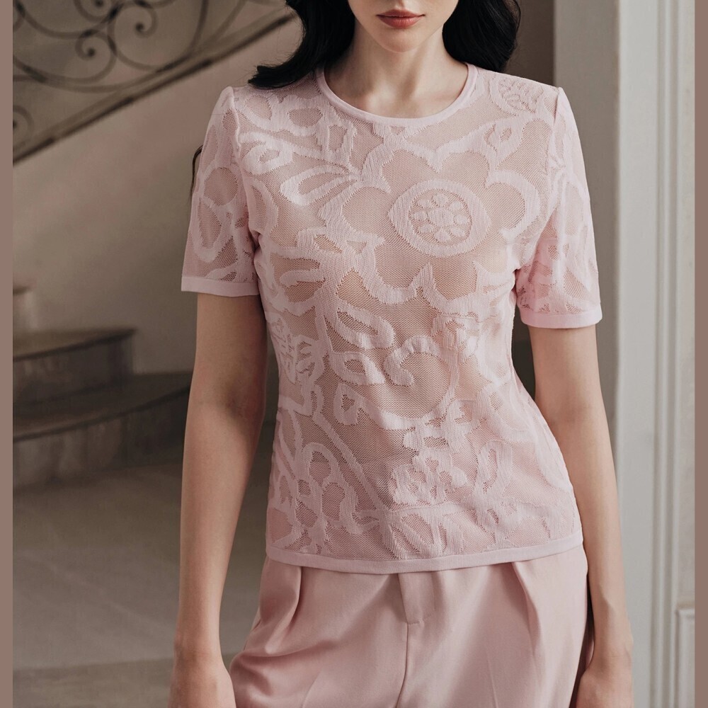 Blush Pink Sheer Floral Lace Knit Short Sleeve Round Neck Tee